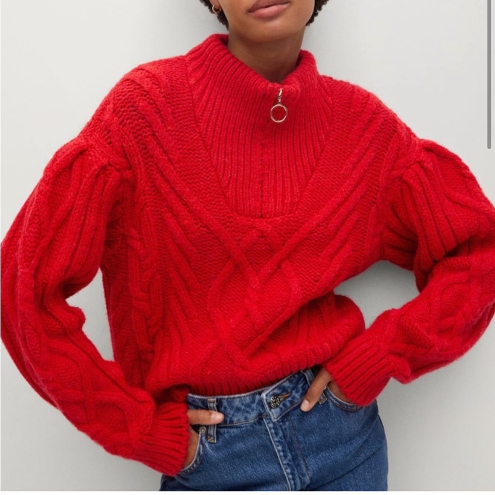 Mango Chunky Red Cable Knit Half-Zip Sweater – Size Small
